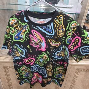 Men's Nickelodeon Black Tee with Neon Cartoon Graphics